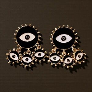Chic Black and Gold Toned Evil Eye Dangling Earrings
